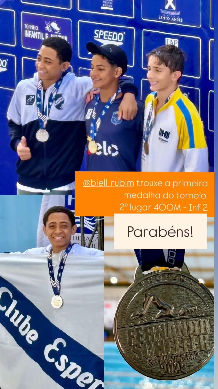 Colagem com jovem nadador no pódio com medalha de prata no Troféu Fernando Scheffer de Natação 2025