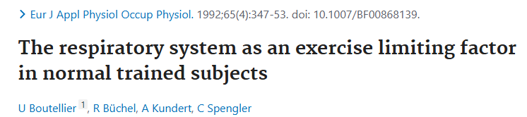 Referência científica: The respiratory system as an exercise limiting factor in normal trained subjects — Boutellier et al., European Journal of Applied Physiology, 1992.